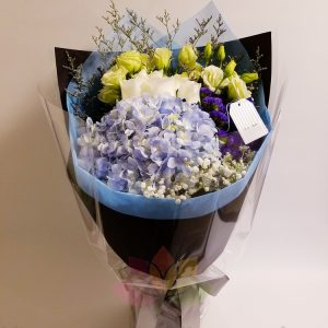 Blue Hydrangea and White Rose Bouquet