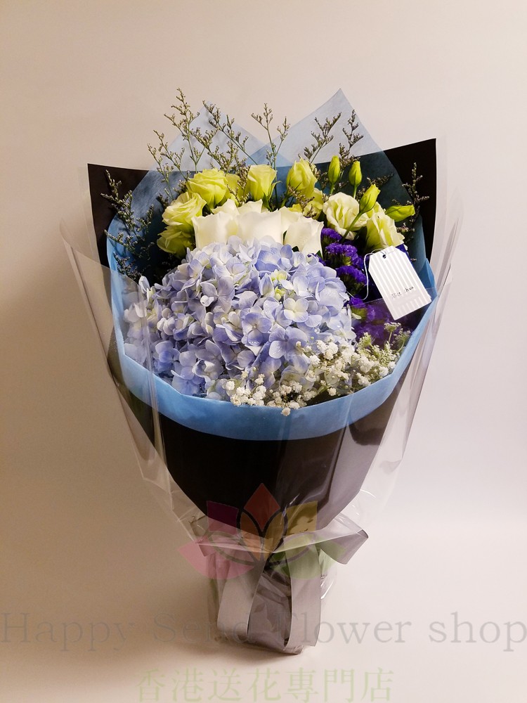 Blue Hydrangea and White Rose Bouquet