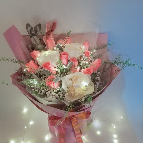 LED pink rose white peony Korean style bouquet