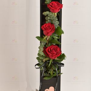 3 stems imported rose gift box (3 stems red roses, eucalyptus)