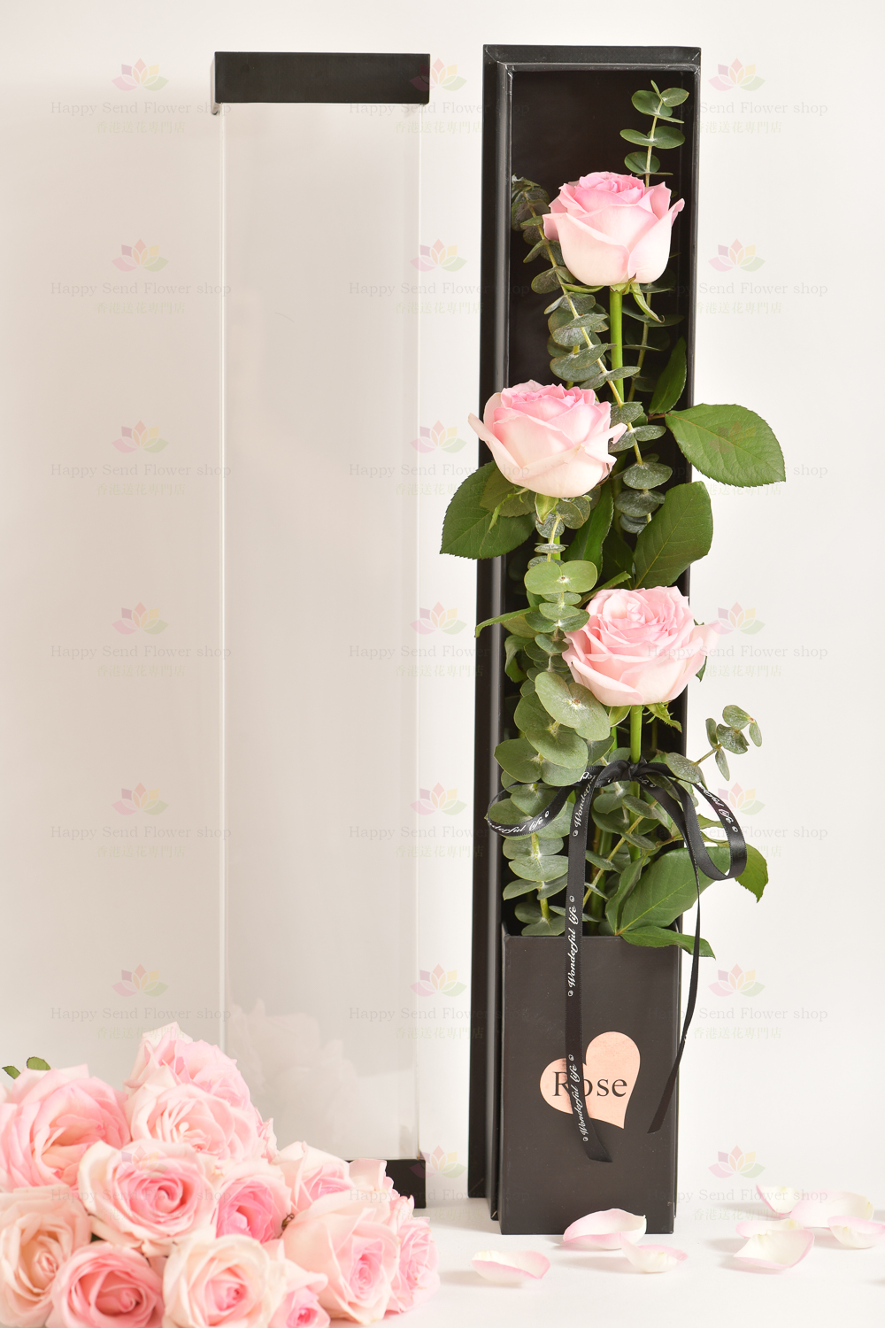 3 stems imported rose gift box (3 stems pink roses, eucalyptus)