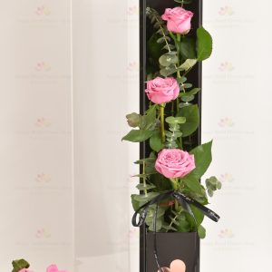 3 stems imported rose gift box (3 stems purple roses, eucalyptus)