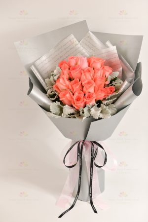 Achievement (18 pink roses, silver velvet leaves)