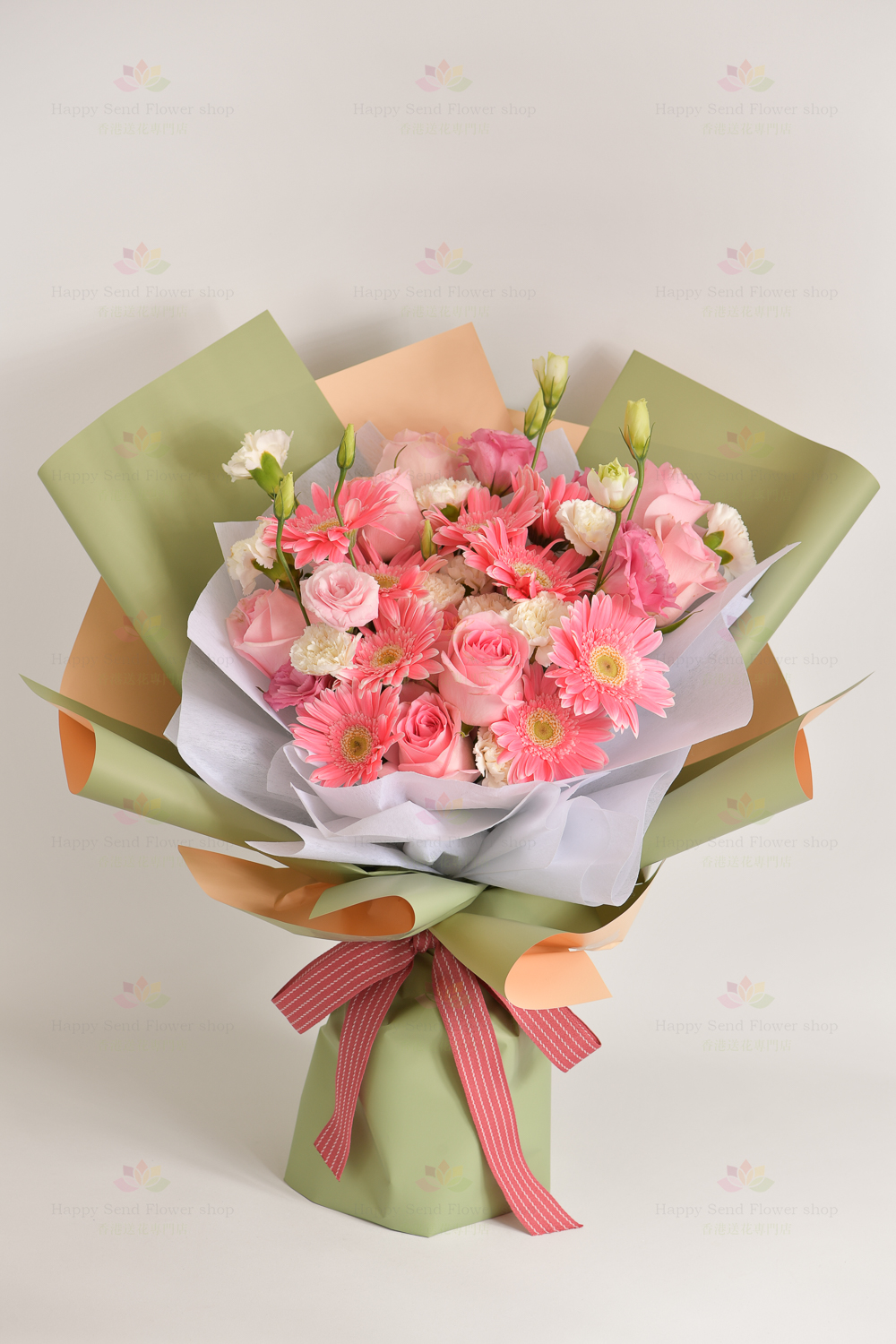 Fairy tale (pink gerbera, 8 pink roses, white carnations)