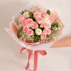 Declaration of love (18 pink roses, white ping-pong chrysanthemum, white gypsophila, spring orchid leaf)