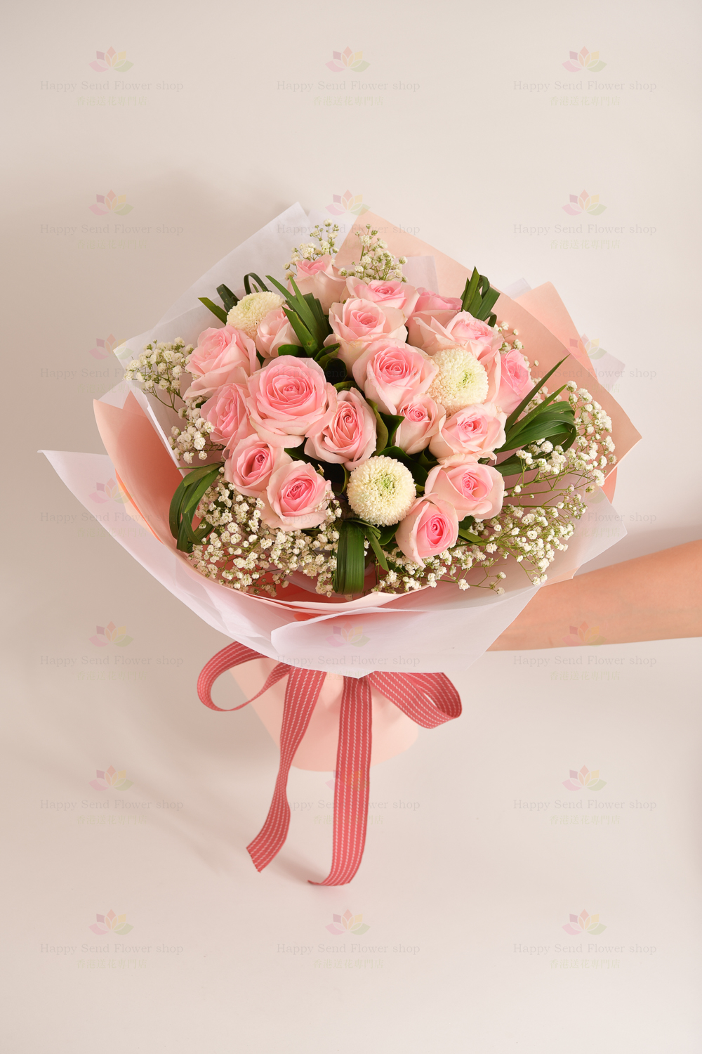 Declaration of love (18 pink roses, white ping-pong chrysanthemum, white gypsophila, spring orchid leaf)