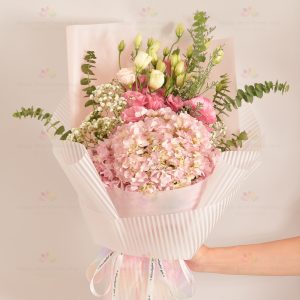 Romanticism (pink rust ball, pink platycodon, white gypsophila, purple star, eucalyptus)