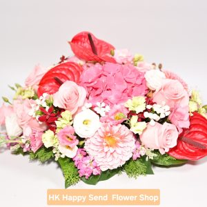 【婚宴桌花】歐式水平桌上盆花|粉色繡球花與紅掌婚禮主桌花擺設